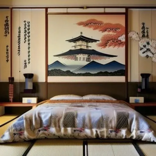 <lora:Japanese style bedroom_2:1> Japanese style bedroom with a large painting on the wall and a bed with a colorful comforter and pillows on it