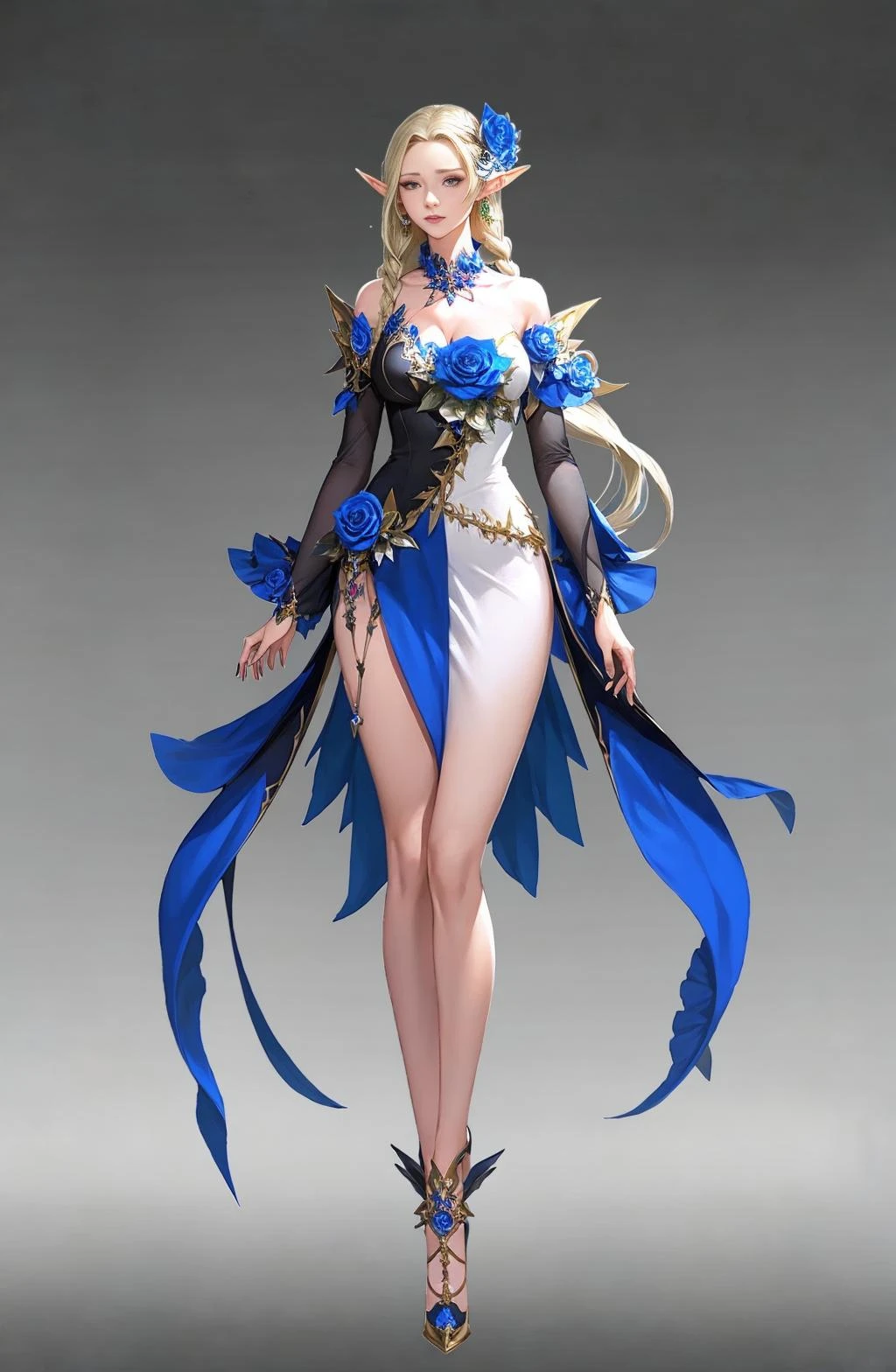 Concept art, character standing painting, 1girl, pointy ears, solo, flower, long hair, dress, hair ornament, hair flower, blonde hair, breasts, gradient, standing, full body, gradient background, elf, looking at viewer, rose, grey background, high heels, jewelry, braid, earrings, cleavage, blue flower
