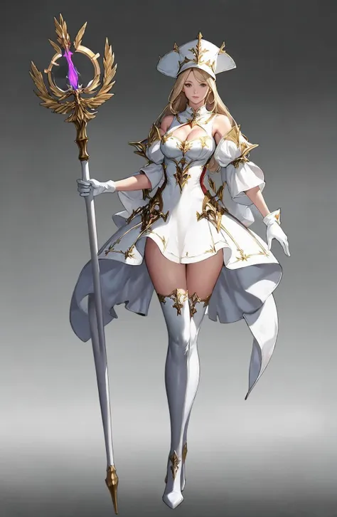 concept art, standing figure painting, 1girl, solo, gloves, full body, breasts, blonde, holding, staff, bar arm, magic wand, white gloves, thighs, dress, hat, standing, gradient background, gradient, looking at the audience, clothing cutout, white footwear, single thigh height, boots, cutout, long hair, gray background