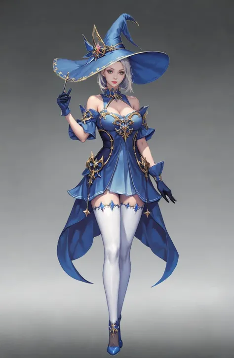 Concept art, character standing painting, 1girl, solo, hat, gloves, witch hat, thighhighs, full body, dress, breasts, holding, blue gloves, looking at viewer, bare shoulders, standing, gradient, high heels, blue footwear, gradient background, makeup, white hair, lipstick