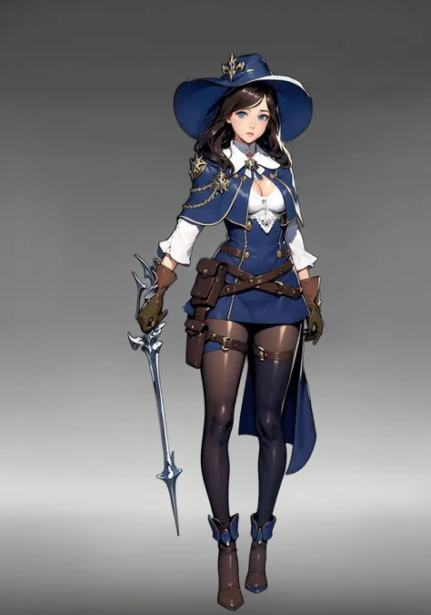 Concept art, character standing painting, 1girl, solo, hat, breasts, gloves, cleavage, long hair, rapier, pantyhose, full body, holding, belt, boots, holster, gradient, gradient background, hand on hip, blue eyes, capelet, standing, brown footwear, fingerless gloves, looking at viewer, grey background, large breasts, dagger<lora:rihan:1>,