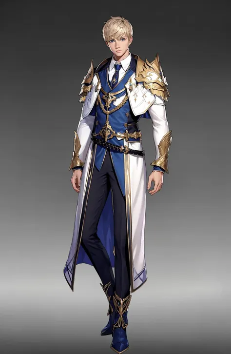 concept art, character standing painting, 1boy, male focus, solo, blonde, yooke, standing, cape, full body, pants, boots, gradient background, looking at the audience, gradient, belt, hands on hips, blue eyes, gray background, short hair, tie, black pants, long sleeves, shirt, blue tie, shoulder armor, gilded trim, white armor