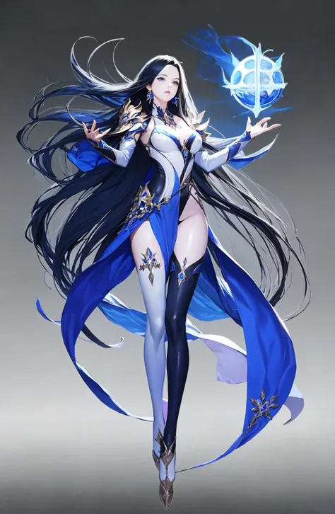 Concept art, character standing painting, 1girl, long hair, thighhighs, solo, breasts, flower, shoulder armor, earrings, jewelry, gradient, full body, gradient background, grey background, blue eyes, orb, dress, very long hair, asymmetrical legwear, armor, floating