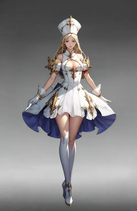 concept art, standing figure painting, 1girl, solo, gloves, full body, breasts, blonde, holding, staff, bar arm, magic wand, white gloves, thighs, dress, hat, standing, gradient background, gradient, looking at the audience, clothing cutout, white footwear, single thigh height, boots, cutout, long hair, gray background