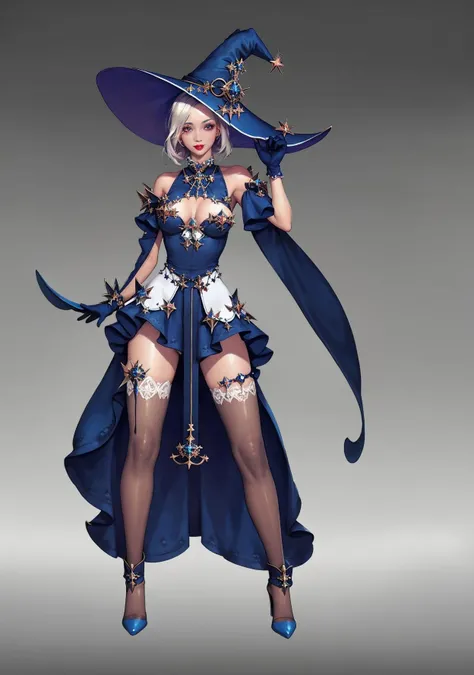 Concept art, character standing painting, 1girl, solo, hat, gloves, witch hat, thighhighs, full body, dress, breasts, holding, blue gloves, looking at viewer, bare shoulders, standing, gradient, high heels, blue footwear, gradient background, makeup, white hair, lipstick<lora:rihan:1>,