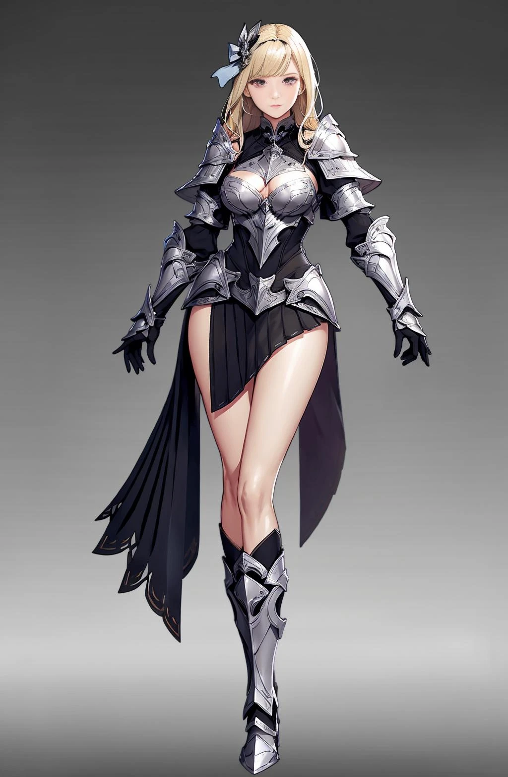 concept art, character standing painting, 1girl, solo, long hair, breasts, armor, blonde hair, openwork, full body, clothes cutout, boots, thighs, standing, gradient, gradient background, gray background, medium breasts, shoulder armor, looking at the audience, gloves, dress, armored boots, bangs, hair accessories, griffs, skirt, shut up, high heels, gloves