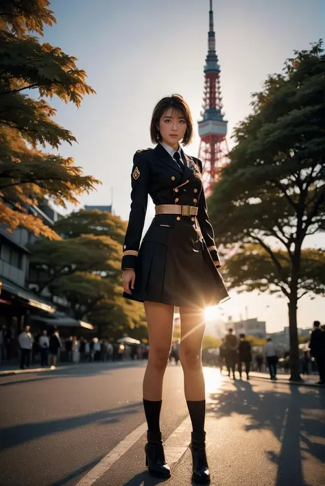 cinematic photo of <lora:Ai_Iijima_XL_2_-000004:1>,ai_iijima,cinematic_lighting,sidelight,rim light,dappled sunlight,front view,looking at viewer,full_shot,leather dress uniform,tokyo tower,, 35mm photograph, film, bokeh, professional, 4k, highly detailed