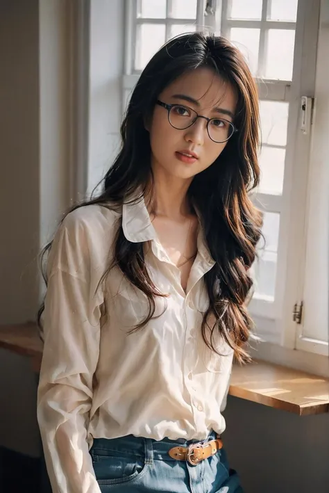 cinematic photo of <lora:Ai_Iijima_XL_2_-000004:1>,ai_iijima,1girl,cinematic_lighting,sidelight,rim  light,dappled sunlight,front view,looking at viewer,cowboy_shot,sit in front of the desk,wearing glasses,in front of the window,tight clothes cover the whole body,, 35mm photograph, film, bokeh, professional, 4k, highly detailed