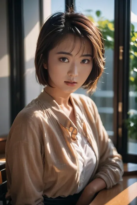 cinematic photo of <lora:Ai_Iijima_XL_2_-000004:1>,ai_iijima,1girl,cinematic_lighting,sidelight,rim  light,dappled sunlight,front view,portrait,looking at viewer,sit in front of the desk,in front of the window,tight clothes cover the whole body,, 35mm photograph, film, bokeh, professional, 4k, highly detailed