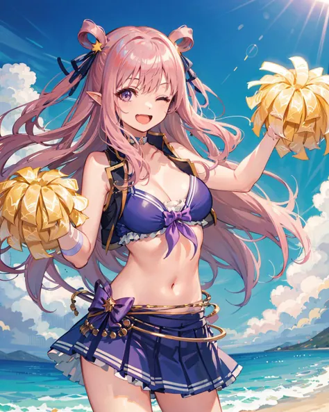 1girl,solo,hatsunesummer,large breasts, purple bikini, cropped vest, bikini skirt,open mouth, standing,cowboy shot,
<lora:HatsuneSummerV1:1>,holding pom poms, one eye closed, smile,pom pom \(cheerleading\),