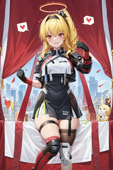 absurdres, highres, (masterpiece:1.2), (best quality, highest quality), sharp focus, <lora:EnvyGoodHands-beta2:0.4>,
<lyco:FennySB_LoHa_v3-000009:0.9>,
FennyADV, FennyADV halo, FennyADV white vest, FennyADV mini crown, FennyADV side ponytail, FennyADV asymmetrical two-tone gloves, FennyADV high-waist side slit skirt, FennyADV asymmetrical legwear, thigh strap, single leg pantyhose, uneven legwear, knee pads, FennyADV black hairband, streamer, FennyADV high heel boots,
curvy, groin, seductive smile, spoken heart,