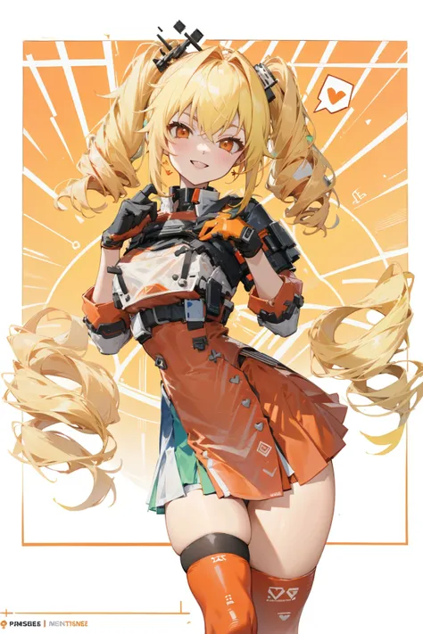 absurdres, highres, (masterpiece:1.2), (best quality, highest quality), sharp focus, <lora:EnvyGoodHands-beta2:0.4>,
<lyco:FennySB_LoHa_v3-000009:0.9>,
FennyBSE breastplate, FennyBSE drill hair, twin drills, FennyBSE hair ornament, FennyBSE gloves, FennyBSE high-waist two-tone skirt, thigh strap, single thighhigh, orange skirt,
curvy, groin, seductive smile, spoken heart,