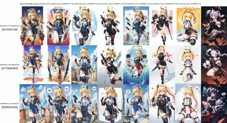 absurdres, highres, (masterpiece:1.2), (best quality, highest quality), sharp focus, <lora:EnvyGoodHands-beta2:0.4>,
<lyco:FennySB_LoHa_v3:0.9>,
FennyADV, FennyADV halo, FennyADV white vest, FennyADV mini crown, FennyADV side ponytail, FennyADV asymmetrical two-tone gloves, FennyADV high-waist side slit skirt, thigh strap, single leg pantyhose, uneven legwear, knee pads, FennyADV black hairband, streamer, FennyADV high heel boots,
ammunition pouch, holster, cartridge,
curvy, groin, seductive smile, spoken heart,