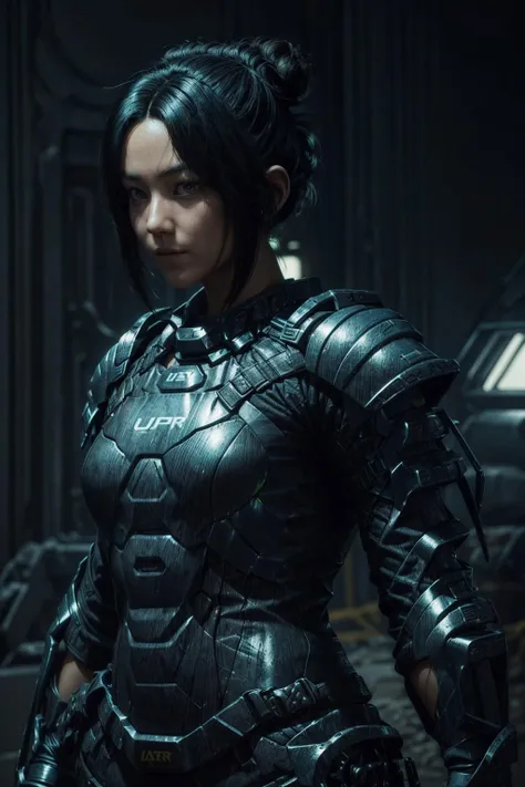 DaniCallisto, 1girl, solo, hair bun, black hair, single hair bun, armor, power armor, upper body, looking at viewer, realistic, shoulder armor, bodysuit
masterpiece, best quality,
<lora:add_detail:0.7>,<lora:epi_noiseoffset2:1>, <lora:DaniCallisto:0.7>