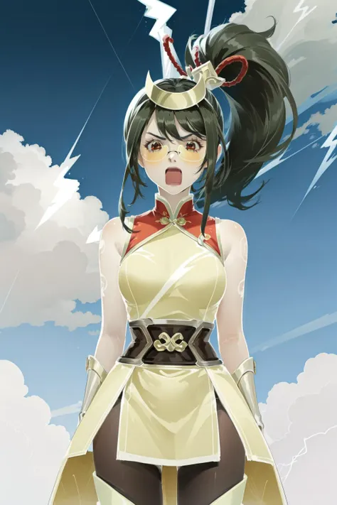 (masterpiece, best quality), intricate details,
1girl, <lora:firecracker_vayne:0.8> firecracker vayne, 1girl, glasses, china dress, hair ornament, ribbon, pantyhose, ponytail,
<lora:color_reversal_v10:1.2> <lora:seizonsenryaku:1> seizonsenryaku, spoken !, shocked, lightning bolts,