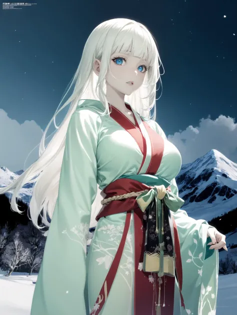 absurdres, highres, ultra detailed, megami magazine, night sky, cowboy shot, mountain, cloudy sky,
1girl, white hair, blunt bangs, long hair, blue eyes, kimono, japanese clothes, glowing eyes, aura, pale skin, looking at viewer, standing, large breasts, snowing, wind, blizzard,
<lyco:envybetterhandsLocon_beta2:1.0> <lora:flat2:-0.6> <lora:flatBG:1> <lora:Creversal_Both22222_8:1>