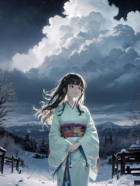 absurdres, highres, ultra detailed, megami magazine, night, cowboy shot, mountain, cloudy sky, clouds,
1girl, blunt bangs, long hair, disheveled hair, sidelocks, kimono, japanese clothes, glowing eyes, aura, pale skin, looking away, standing, snowing, wind, (blizzard:1.2), official wallpaper, madeon,
<lora:Creversal_Both22222_8:1>