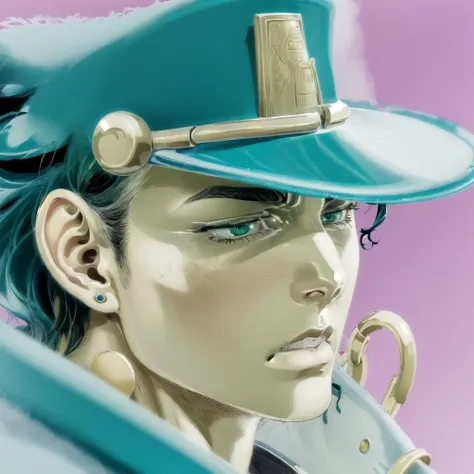 best quality, ultra detailed,
face focus, from side, diagonal view, close-up,
<lora:jojo_jotaro_kujo-10:1>kujo jotaro, hat, green eyes, school uniform, gakuran, long coat, jewelry, earings, chain, manly, muscular male, teeth, egypt,
surprised, sweat, serious, shaded face, looking at viewer, jojos,
<lora:Creversal_Both22222_4:2> <lora:jojostyle:0.6> <lora:flat2:-0.8> <lora:shaded_v10:0.5> <lora:hanme:1> <lora:fineline-v2:1>