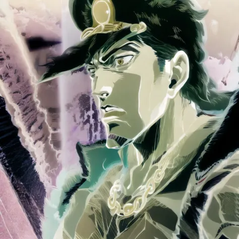 masterpiece, best quality, ultra detailed, 8k, official wallpaper,
face focus, from bellow, from side, diagonal view, close-up,
kujo jotaro, black coat, grey shirt, golden chain, manly, muscular, teeth,
surprised, sweat, serious, shaded face,
dark atmosphere, fantasy, looking down, jojo no kimyou na bouken<hypernet:sxzJojoStardust_sxzJjbaStardust:0.7> <lora:Creversal_Both22222_8:2> <lora:flat2:-0.7>