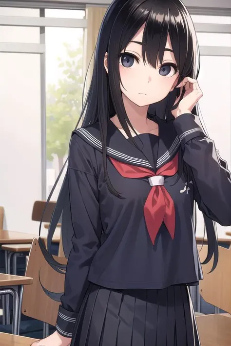 sakiyoshida, <lora:sakiyoshida-lora-nochekaiser:1>,
saki yoshida, long hair, hair between eyes, (black eyes:1.5), black hair,
BREAK skirt, pleated skirt, serafuku, shirt, (blue shirt:1.2), long sleeves, long skirt, blue skirt, blue sailor collar, sailor collar, neckerchief, red neckerchief,
BREAK indoors, classroom,
BREAK looking at viewer, (cowboy shot:1.5),
BREAK <lyco:GoodHands-beta2:1>, (masterpiece:1.2), best quality, high resolution, unity 8k wallpaper, (illustration:0.8), (beautiful detailed eyes:1.6), extremely detailed face, perfect lighting, extremely detailed CG, (perfect hands, perfect anatomy),