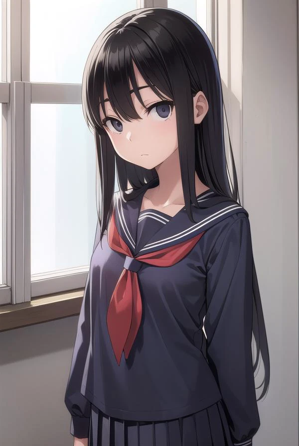 sakiyoshida, <lora:sakiyoshida-lora-nochekaiser:1>,
saki yoshida, long hair, hair between eyes, (black eyes:1.5), black hair,
BREAK skirt, pleated skirt, serafuku, shirt, (blue shirt:1.2), long sleeves, long skirt, blue skirt, blue sailor collar, sailor collar, neckerchief, red neckerchief,
BREAK indoors, classroom,
BREAK looking at viewer, (cowboy shot:1.5),
BREAK <lyco:GoodHands-beta2:1>, (masterpiece:1.2), best quality, high resolution, unity 8k wallpaper, (illustration:0.8), (beautiful detailed eyes:1.6), extremely detailed face, perfect lighting, extremely detailed CG, (perfect hands, perfect anatomy),