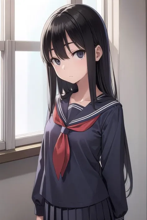 sakiyoshida, <lora:sakiyoshida-lora-nochekaiser:1>,
saki yoshida, long hair, hair between eyes, (black eyes:1.5), black hair,
BREAK skirt, pleated skirt, serafuku, shirt, (blue shirt:1.2), long sleeves, long skirt, blue skirt, blue sailor collar, sailor collar, neckerchief, red neckerchief,
BREAK indoors, classroom,
BREAK looking at viewer, (cowboy shot:1.5),
BREAK <lyco:GoodHands-beta2:1>, (masterpiece:1.2), best quality, high resolution, unity 8k wallpaper, (illustration:0.8), (beautiful detailed eyes:1.6), extremely detailed face, perfect lighting, extremely detailed CG, (perfect hands, perfect anatomy),