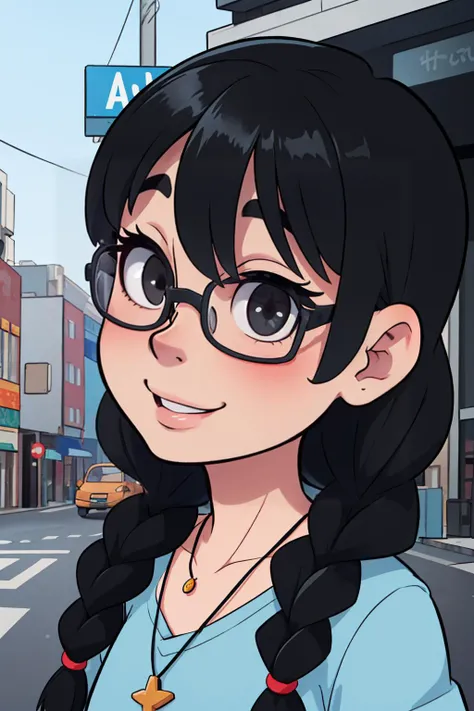 portrait of a pretty woman walking through the city, necklace, ((toon \(style\))), flat color, light smile, 
masterpiece, best quality, HDR, intricate detail,
  <lora:sakiyoshida-lora-nochekaiser:1> saki yoshida, long hair, braid, twin braids, glasses, hair between eyes, (black eyes:1.5), black hair,