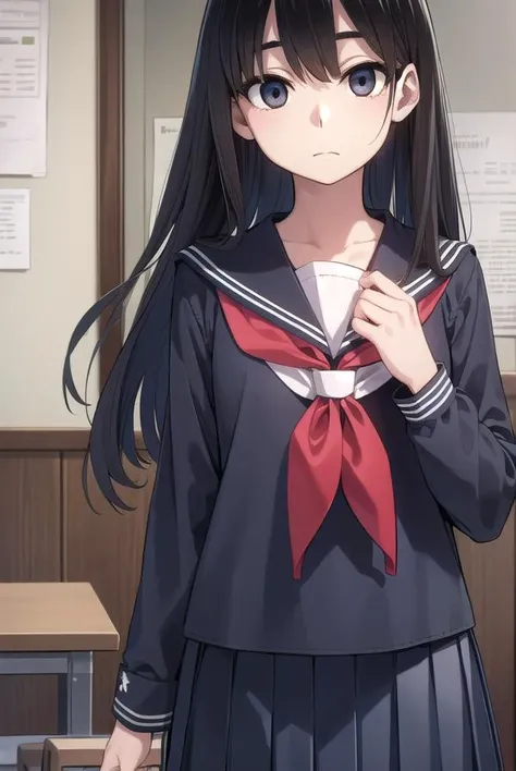 sakiyoshida, <lora:sakiyoshida-lora-nochekaiser:1>,
saki yoshida, long hair, hair between eyes, (black eyes:1.5), black hair,
BREAK skirt, pleated skirt, serafuku, shirt, (blue shirt:1.2), long sleeves, long skirt, blue skirt, blue sailor collar, sailor collar, neckerchief, red neckerchief,
BREAK indoors, classroom,
BREAK looking at viewer, (cowboy shot:1.5),
BREAK <lyco:GoodHands-beta2:1>, (masterpiece:1.2), best quality, high resolution, unity 8k wallpaper, (illustration:0.8), (beautiful detailed eyes:1.6), extremely detailed face, perfect lighting, extremely detailed CG, (perfect hands, perfect anatomy),