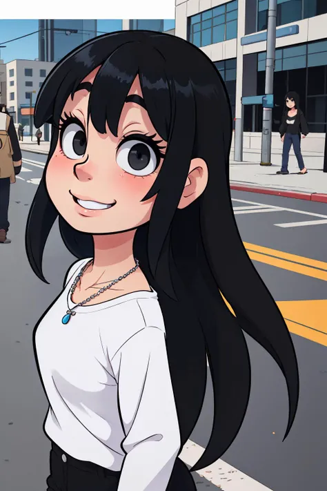 portrait of a pretty woman walking through the city, necklace, ((toon \(style\))), flat color, light smile, 
masterpiece, best quality, HDR, intricate detail,
  <lora:sakiyoshida-lora-nochekaiser:1> saki yoshida, long hair, hair between eyes, (black eyes:1.5), black hair,