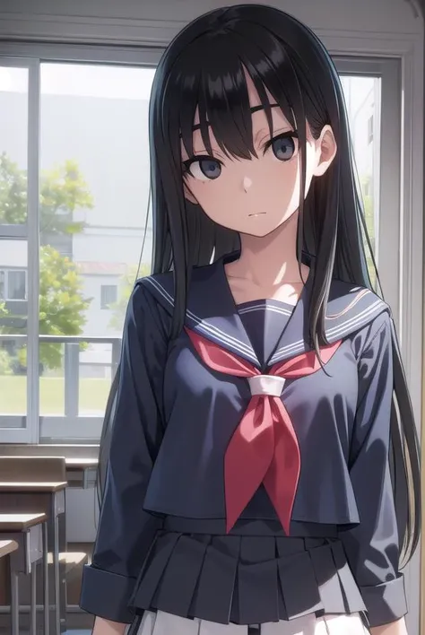 sakiyoshida, <lora:sakiyoshida-lora-nochekaiser:1>,
saki yoshida, long hair, hair between eyes, (black eyes:1.5), black hair,
BREAK skirt, pleated skirt, serafuku, shirt, (blue shirt:1.2), long sleeves, long skirt, blue skirt, blue sailor collar, sailor collar, neckerchief, red neckerchief,
BREAK indoors, classroom,
BREAK looking at viewer, (cowboy shot:1.5),
BREAK <lyco:GoodHands-beta2:1>, (masterpiece:1.2), best quality, high resolution, unity 8k wallpaper, (illustration:0.8), (beautiful detailed eyes:1.6), extremely detailed face, perfect lighting, extremely detailed CG, (perfect hands, perfect anatomy),