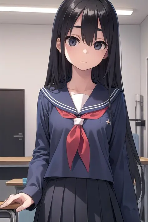 sakiyoshida, <lora:sakiyoshida-lora-nochekaiser:1>,
saki yoshida, long hair, hair between eyes, (black eyes:1.5), black hair,
BREAK skirt, pleated skirt, serafuku, shirt, (blue shirt:1.2), long sleeves, long skirt, blue skirt, blue sailor collar, sailor collar, neckerchief, red neckerchief,
BREAK indoors, classroom,
BREAK looking at viewer, (cowboy shot:1.5),
BREAK <lyco:GoodHands-beta2:1>, (masterpiece:1.2), best quality, high resolution, unity 8k wallpaper, (illustration:0.8), (beautiful detailed eyes:1.6), extremely detailed face, perfect lighting, extremely detailed CG, (perfect hands, perfect anatomy),