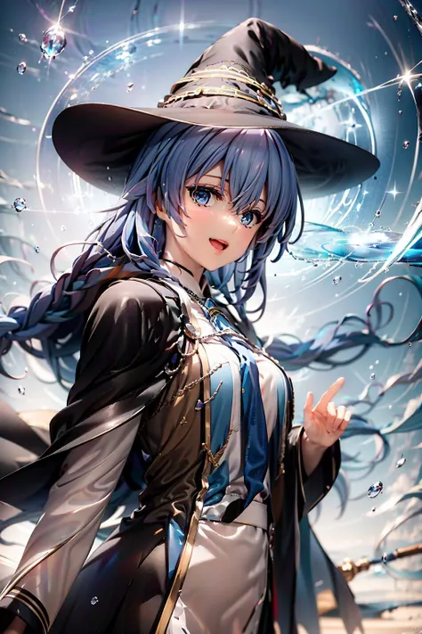 (masterpiece:1.2), highres, best quality, 8k, very clear,
1girl, smile, (witch hat:1.4), blue eyes, blue hair, twin braid, twintails, (brown coat:1.1), cape, robe, braided ponytail, knee boots, witch, black socks, hair ribbon, ribbon, looking at viewer, socks, smile, opened mouth, 
blue magic circle, water magic, spell, high level magic, 
face to camera, looking at viewer, (upper body:1.3),
<lora:Roxy Migurdia_V1:0.9>, Roxy Migurdia,
 <lora:magic circle:0.8>,
 <lora:æ°´ç¥å±å·¥æ°Gonggongshi_V2.1:0.5>