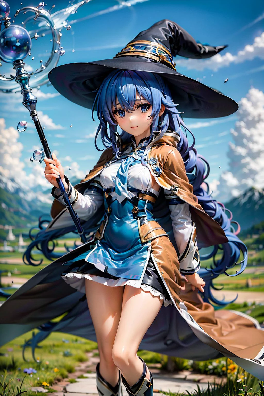 (masterpiece:1.2), highres, best quality, 8k, very clear,
1girl, smile, (witch hat:1.2), blue eyes, blue hair, twin braid, twintails, (brown coat:1.1), cape, robe, braided ponytail, knee boots, witch, holding, holding magic staff, black socks, hair ribbon, ribbon, looking at viewer, socks, smile, closed mouth, outdoor, sun, Alps, (grassland:1.2),
(magic staff surrounded by water element, raise magic staff, cast water magic:1.2),
face to camera, looking at viewer,
<lora:Roxy Migurdia_V1:0.9>, Roxy Migurdia,
<lora:detail_slider_v4:1>,
<lora:æ°´ç¥å
±å·¥æ°Gonggongshi_V2.1:0.6>,
