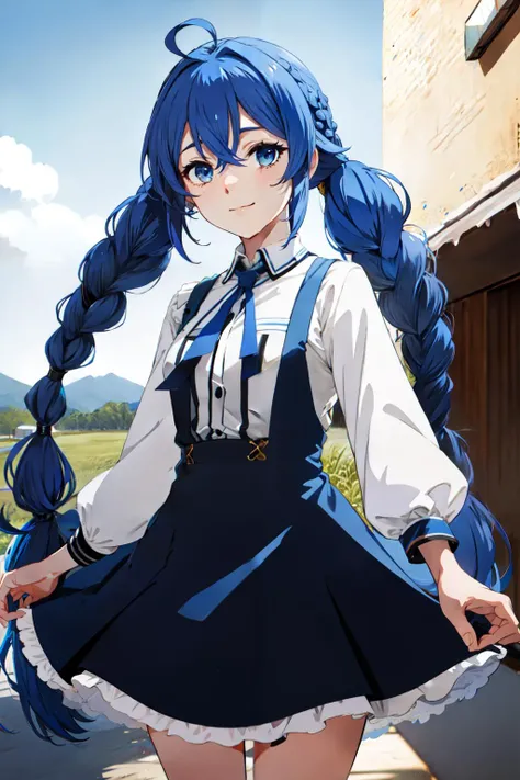 1girl, Roxy Migurdia, blue eyes, blue hair, twin braid, twintails, braided ponytail, ahoge, <lora:Roxy Migurdia_V1-000005:0.6>, looking at viewer, smile, closed mouth, outdoor, sun, dress,, (masterpiece:1.2), highres, best quality, 8k, very clear, fix,