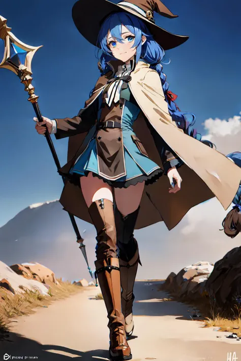 1girl, Roxy Migurdia, witch hat, blue eyes, blue hair, twin braid, twintails, (brown coat:1.1), cape, robe, braided ponytail, knee boots, witch, <lora:Roxy Migurdia_V1-000005:0.6>, holding, holding magic staff, black socks, hair ribbon, ribbon, looking at viewer, socks, smile, closed mouth, outdoor, sun,, (masterpiece:1.2), highres, best quality, 8k, very clear,