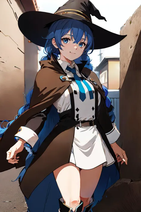 upper body, 1girl, Roxy Migurdia, witch hat, blue eyes, blue hair, twin braid, twintails, (brown coat:1.1), cape, robe, braided ponytail, knee boots, witch, <lora:Roxy Migurdia_V1-000005:0.6>, outdoor, smile,, (masterpiece:1.2), highres, best quality, 8k, very clear,