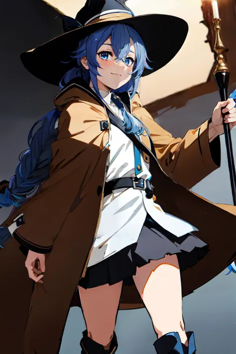 1girl, Roxy Migurdia, witch hat, blue eyes, blue hair, twin braid, twintails, (brown coat:1.1), cape, robe, braided ponytail, knee boots, witch, <lora:Roxy Migurdia_V1-000005:0.6>, holding, holding staff, black socks, hair ribbon, ribbon, looking at viewer, socks, smile, closed mouth, outdoor, sun,, (masterpiece:1.2), highres, best quality, 8k, very clear,