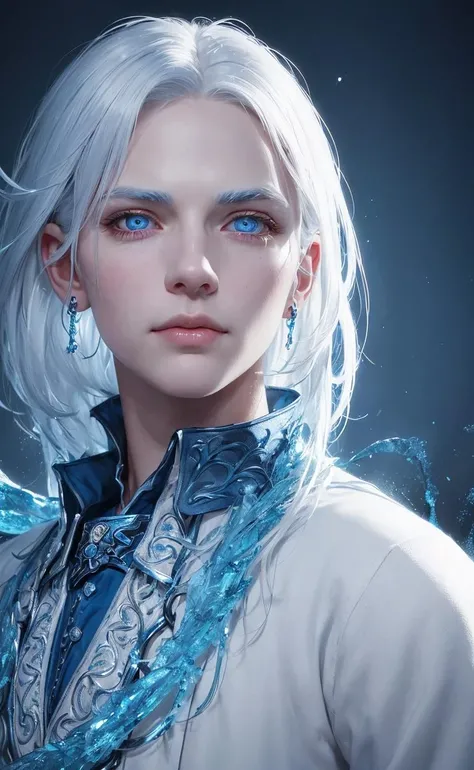 (Icy), blue eyes, white hair, blue background, blue magic, dark lighting, (realistic:1.2), (masterpiece:1.2), (full-body-shot:1),(Cowboy-shot:1.2), dark romantic lighting, (highly detailed:1.2),(detailed face:1.2), (gradients), colorful, detailed eyes, (natural lighting:1.2), solo