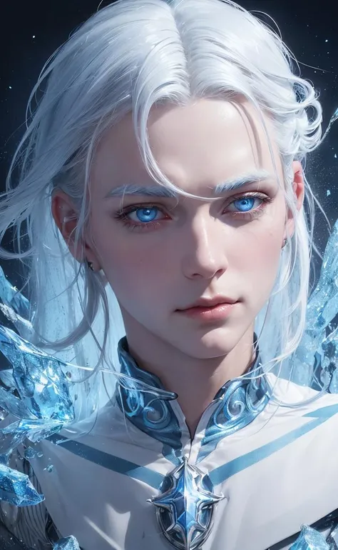 (Icy), blue eyes, white hair, blue background, blue magic, dark lighting, (realistic:1.2), (masterpiece:1.2), (full-body-shot:1),(Cowboy-shot:1.2), dark romantic lighting, (highly detailed:1.2),(detailed face:1.2), (gradients), colorful, detailed eyes, (natural lighting:1.2), solo