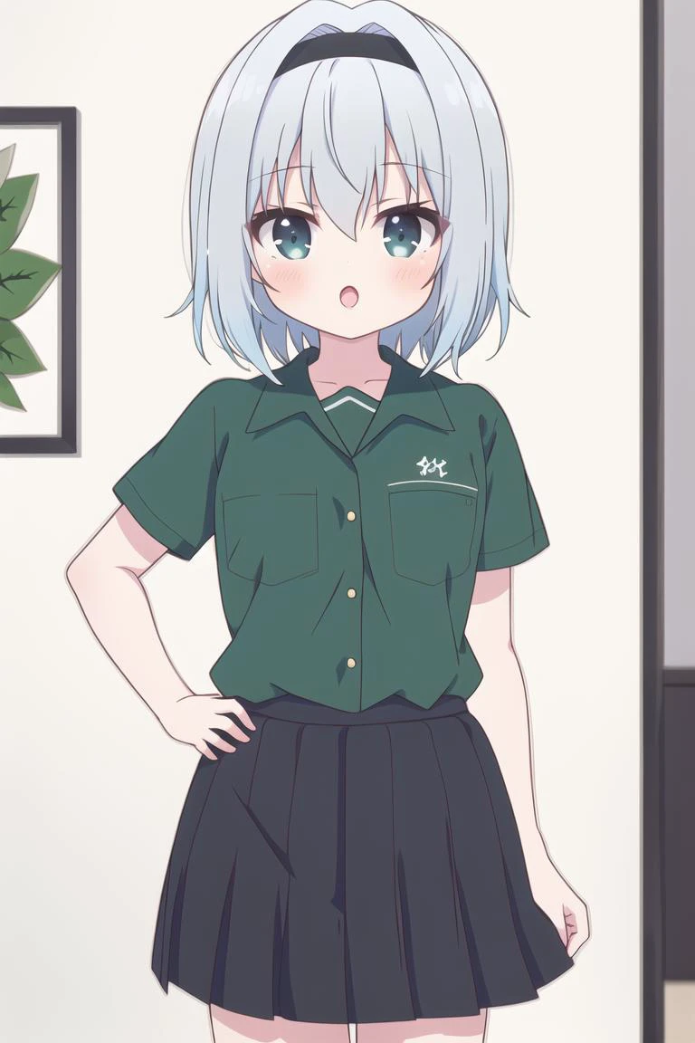 <lora:Ryuuou no Oshigoto!_all:0.4> sora ginko, 8k, masterpiece, absurdres, anime, <lora:TFG_v13:0.6>, tfgv1, green shirt, black pleated skirt, uniform, clothes writing,
