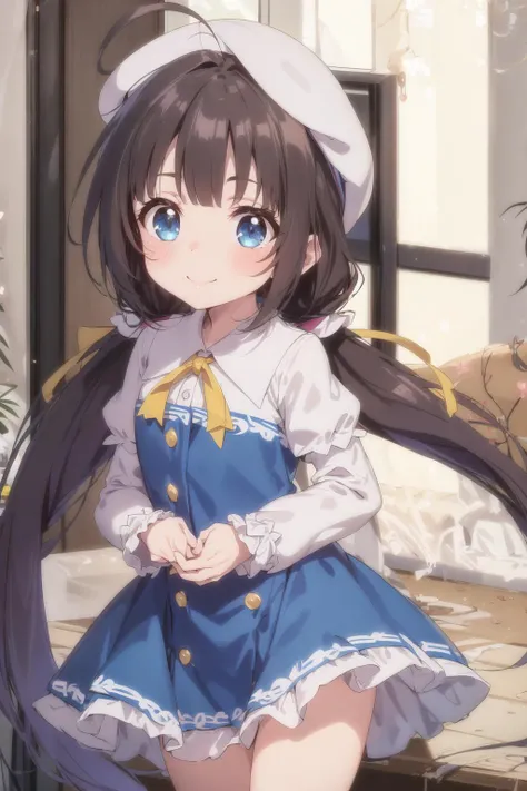 ((masterpiece, sidelighting, finely detailed beautiful eyes: 1.2)), ultra-detailed, ultra high res, professional lighting, high quality makeup, beautiful detailed eyes, sexy, beautiful, big eyes, cowboy shot, (little girl:1.3), <lora:Ryuuou no Oshigoto!_hinatsuru ai:0.5>,hinatsuru ai, blue eyes, dark hair, brown hair, absurdly long hair, ahoge, twintails, blue and white dress, yellow ribbon, white berets, smile, blush, wariza
