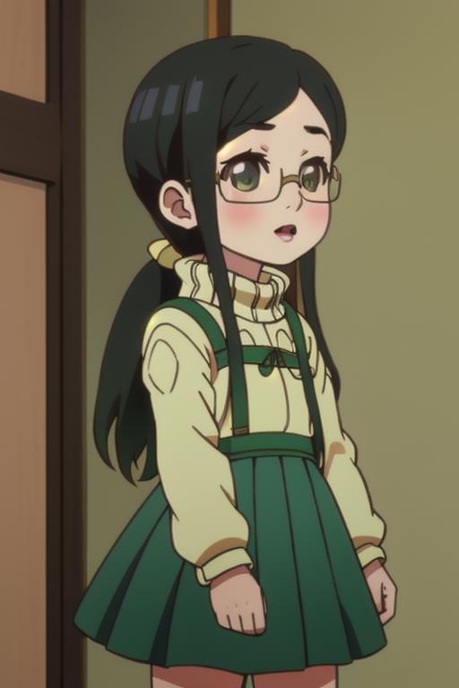 A girl in a green dress and glasses standing in front of a door - SeaArt AI