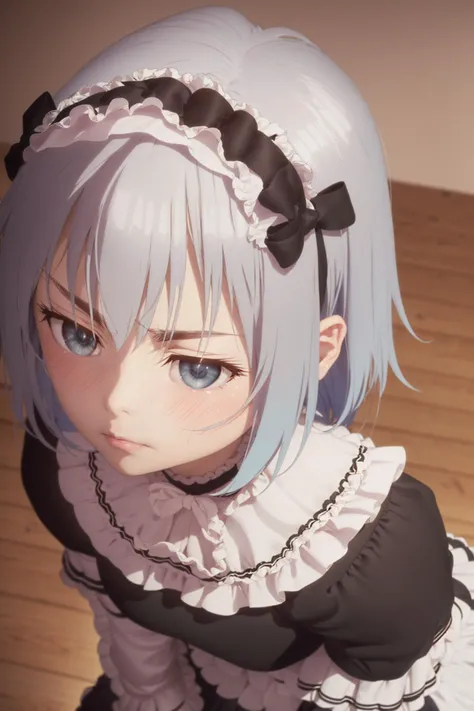 ((masterpiece)), (best quality), (ultra-detailed), (grainy:0.7), intricate, semirealistic, game_cg, anime,
girl room,
beautiful face, beautiful eyes, light parted lip, blush face, embarrassed pose,
cowboy shot,
1girl, (teenage, thin, short_body), medium breasts,
<lora:Ryuuou no Oshigoto!_sora ginko:0.8> sora ginko, frill dress, frill skirt, detatched frill puff sleeves, black frill tighhighs, garter belt, black red high heels, frill headress, white flower hair pin,
pov, from above, face down, half-close eyes, avert eye contact, Looking away, grab skirt,