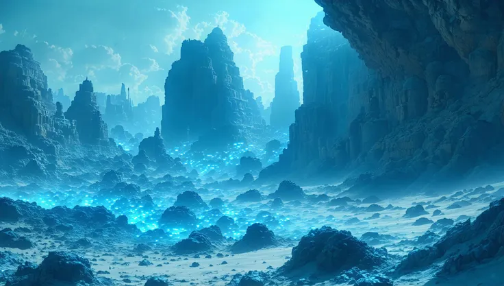 Detailed, cinematic scene of a vast blue desert, shimmering mirages revealing hidden oases and ancient cities, magical creatures emerging from the sands, ethereal winds blowing