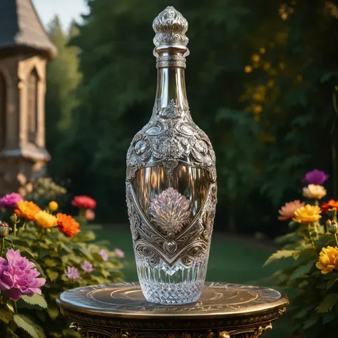 hyperdetailed ultra-detailed realistic, detailmaximizer, 
extremely detailed best quality, reality-shot, realism, realistic photography of a an elaborate medieval crystal and silver wine bottle, with very small medieval ornaments, in many different vibrant colors. 
The crystal medieval wine bottle is placed on a pedestal in the middle of a medieval garden, intricate details, ultra sharp, exquisite detail, flawless composition, vivid colors, masterpiece, exciting background. , High Definition HD, High Detail, Perfect Composition, dark fantasy movie, cowboy shot, bokehmachine, bokeh