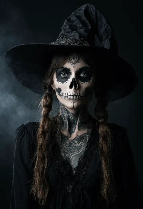 1 woman, age 21,solo,(very pale skin:1.5),voluptuous,witches hat,face tattoos,tattoos,body tattoos,demonic symbols,dusty background,fog,Black background,pigtails,skull girl,day of the dead,Ultra-HD-details,true to life,HDR image,High detail resolution,soft eyes,natural skin,high detailed face,high detailed cloth,film photography,rim lighting