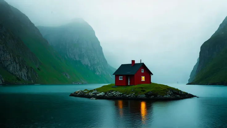 cinematic photo of a tiny island in the middle of the Norwegian fjords with a single lonely house, volumetric lighting, single window light on house, BREAK, red cottage, taken on a hasselblad medium format camera, high green mountains on either side