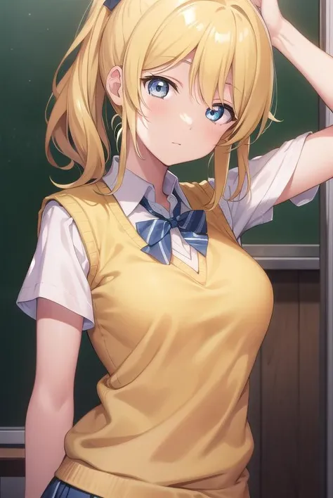 eliayase, <lyco:eliayase-lyco-nochekaiser:1>, 
eli ayase, yellow hair, blue eyes, ponytail, hair ribbon, 
BREAK otonokizaka school uniform, pleated skirt, school uniform, short sleeves, skirt, summer uniform, sweater vest, (yellow sweater vest:1.5),
BREAK looking at viewer,
BREAK indoors, classroom, 
BREAK <lyco:GoodHands-beta2:1>, (masterpiece:1.2), best quality, high resolution, unity 8k wallpaper, (illustration:0.8), (beautiful detailed eyes:1.6), extremely detailed face, perfect lighting, extremely detailed CG, (perfect hands, perfect anatomy),