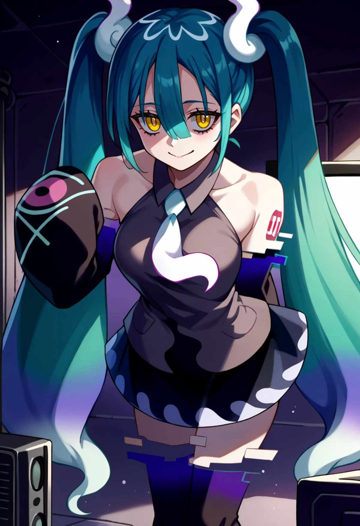 solo, score_9, score_7_up, source_anime, BREAK creepy smile, leaning forward, <lora:projectvoltage_ghostmiku_ponyXL:1> ghostmiku, gradient hair, aqua hair, blue hair, yellow eyes pale skin, twintails, glitch, grey shirt, sleeveless shirt, white necktie, black sleeves, detached sleeves, print sleeves, bare shoulders, sleeves past fingers, black skirt, see-through skirt, black thighhighs, darkness, intense shadows, tv static,