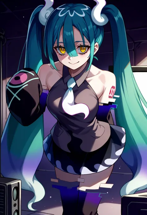 solo, score_9, score_7_up, source_anime, BREAK  creepy smile, leaning forward,  <lora:projectvoltage_ghostmiku_ponyXL:1> ghostmiku, gradient hair, aqua hair, blue hair, yellow eyes pale skin, twintails, glitch, grey shirt, sleeveless shirt, white necktie, black sleeves, detached sleeves, print sleeves, bare shoulders, sleeves past fingers, black skirt, see-through skirt, black thighhighs, darkness, intense shadows, tv static,